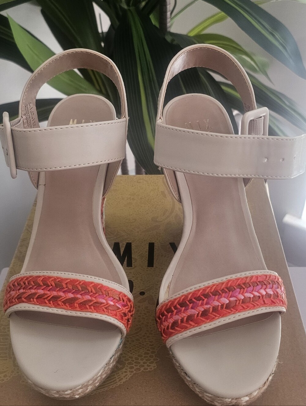 NEW Mix No. 6 Women’s Neutral Wedge Sandals with Coral Braided Strap
